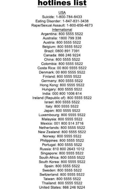 hotline list suicide prevention mental health support